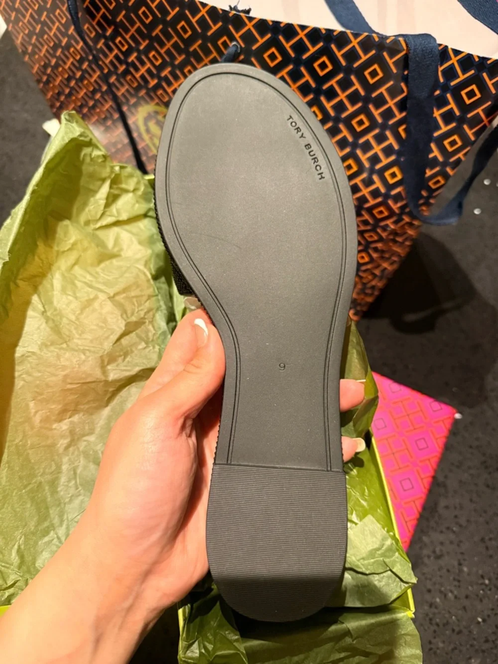 Tory Burch Everly Rhinestone Slides, Perfect Black / Jet / Pewter Size‎ 9